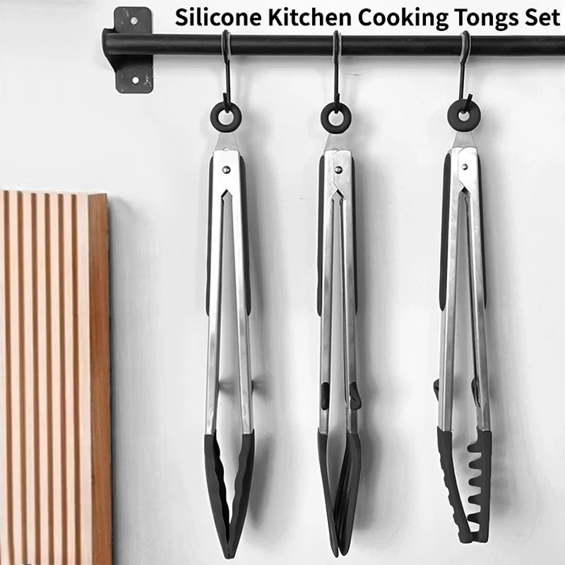 Home Cooking Utensil Set - 3-teiliges Silikon-Küchenzangen-Set aus Edelstahl, Antihaft-Lebensmittelzangen, Rutschfeste