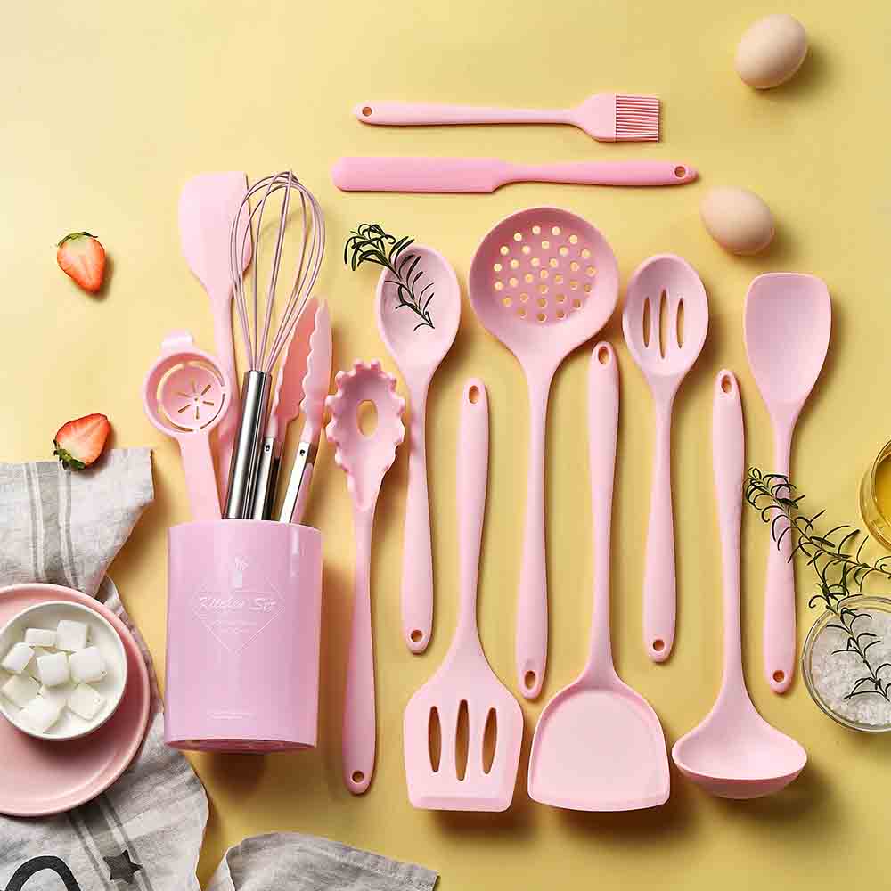 Home Cooking Utensil Set - 12/15Pcs Rosa Food Grade Silikon Küche